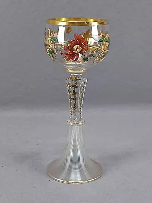 Buy German Bohemian Enameled Chrysanthemum & Gilt Cut Roemer Hock Wine Glass C.1880s • 194.15£