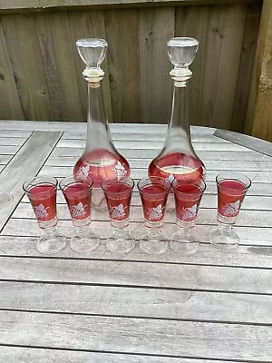 Buy 1950s 2 Decanters/6 Licquer Glasses Set Lubiana Krystall Spa Cranberry/Gold/Cl • 30£