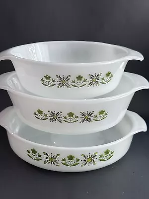 Buy 3 Anchor Hocking Fire King Milk Glass Green Meadow Casserole Dish Baking • 55.91£