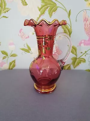 Buy Vintage Posey Vase Czech Bohemia Cranberry Art Glass Pitcher Gold Scalloped Edge • 10.95£
