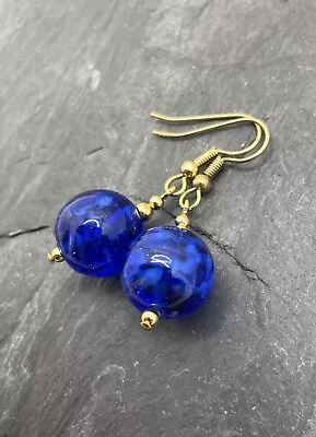 Buy Large Glass Cobalt Blue Bead Drop Earrings Handmade 9ct Gold Plated Hooks • 8.50£