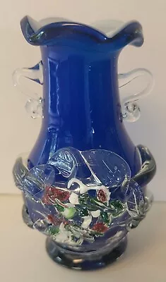 Buy Sassy Little Vintage Blue & White Cased Glass Vase Applied Cracked Glass Flower • 18.66£