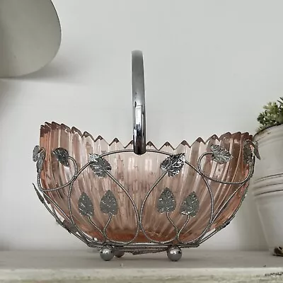 Buy Vintage Art Deco Pink Ridged Glass Bowl In A Chrome Metal Basket Leaves • 12£