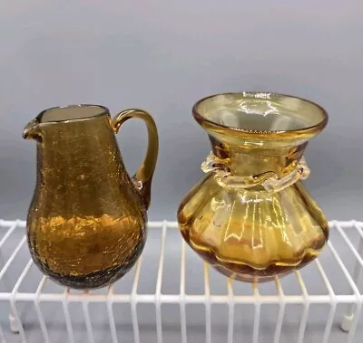 Buy Vintage MCM Small Amber Crackle Glass Handled Pitcher And Amber Smooth Bud Vase • 9.59£