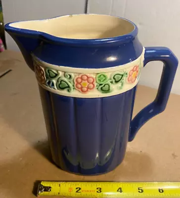 Buy Eichwald Pottery Pitcher  - Blue With Floral Band - Vintage 5  Diam X 7  Tall • 11.18£