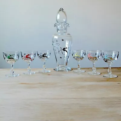Buy ART DECO ENAMELLED GLASS DECANTER SET Antique Cocktail Port Champagne Glasses • 225£