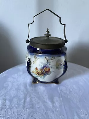 Buy Antique Royal Doulton Burslem Hand Painted Biscuit Barrel Cobalt Floral • 19.95£