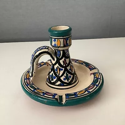 Buy Old Moroccan Colourful Green Yellow Pink Pottery Candle Holder   • 12.99£