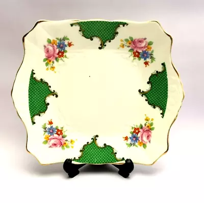 Buy Vintage Plant Tuscan China Square Cake Plate - Floral Pattern, Green & Gold Trim • 19.99£