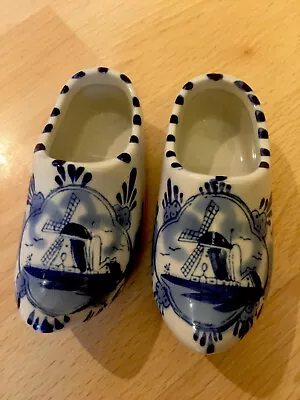 Buy 2 Vintage Delft Pottery Clogs Hand Painted Blue Windmill Holland Pottery 010017 • 13.90£