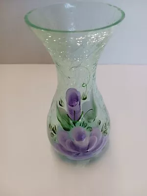 Buy Crackled Glass Vase Green /W Hand Painted Floral Design • 5.59£