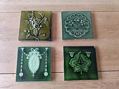 Buy 4x Antique Art Nouveau Majolica Green Henry Richards Etc 6  Decorative Tiles • 30£