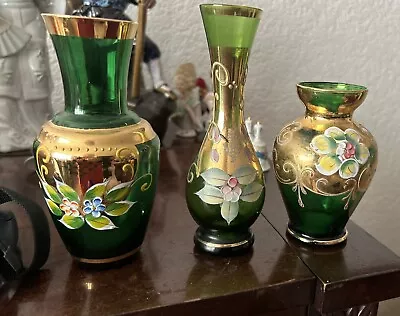 Buy Set Of 3 Emerald  Green Bohemian Glass, Possibly Hand Blown • 30£
