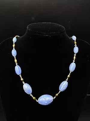 Buy Vintage 30s Deco Pressed Blue Satin Glass Necklace • 2.99£