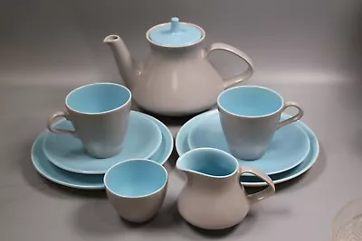 Buy Classic Mid Century Vintage Poole Twintone Dove Grey & Sky Blue Tea Set For Two • 16£