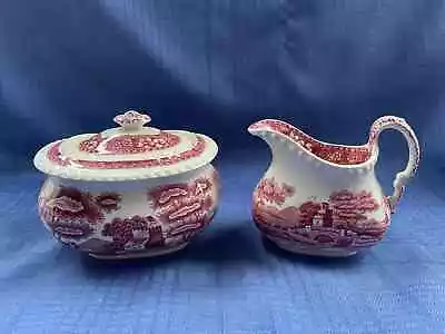 Buy Creamer & Sugar Bowl Set - Tower Pink By Spode Copeland China - Oval Mark • 23.29£