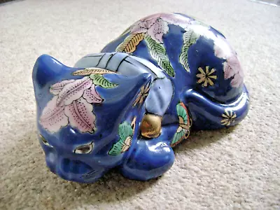 Buy Made In China Pottery Cat ,floral,blue ,hand Painted Figurine-ornament • 20£