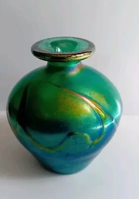 Buy Beautiful Blue/Green Iridescent Vintage Heron Glass Vase Hand Signed To Base • 29.99£