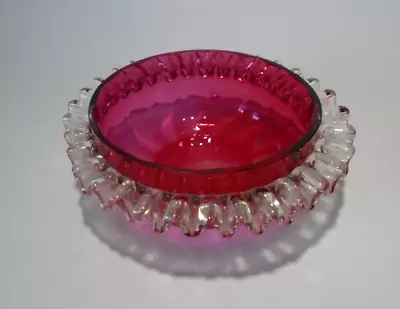 Buy Antique Cranberry Glass Bowl, Clear Applied Frill, Magnesium Glow • 14.95£