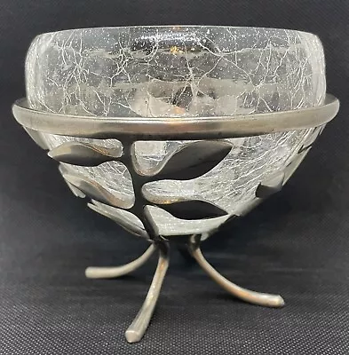 Buy Crackle Glass Bowl With Metal Leaf Base Stand - Art Nouveau - 5 In Tall • 11.18£