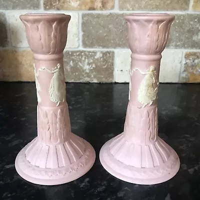 Buy Pair Of Wedgwood Pink Jasperware Candlesticks Dancing Hour • 35£