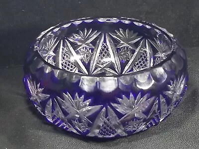 Buy Vintage Small Heavy Bohemian Cobalt Blue Cut To  Clear  Crystal Bowl. • 20£