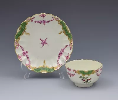 Buy First Period Worcester Sevres Style Fluted Tea Bowl & Saucer Fancy Bird C.1775 • 375£