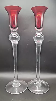 Buy Pair Of Scandinavian Style Tall Clear & Red Glass CANDLESTICK Ornaments 29.7 Cm • 15£