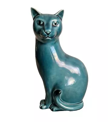 Buy Vintage Poole Pottery  Siamese Cat Ceramic Teal Blue Glazed Seated 6.7  Tall • 19.99£