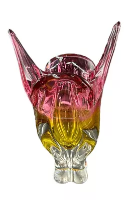 Buy Vintage Murano ?  Art Glass Heavy Base Cranberry & Amber Vase • 35£