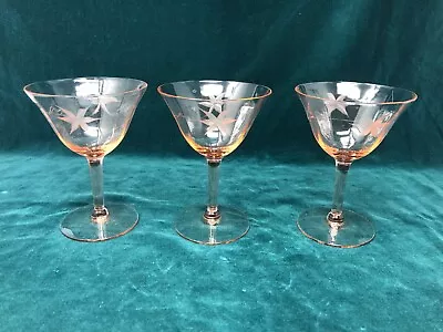 Buy Vintage Set Of 3 Floral Etched Pink Depression Glass Champagne Sherbet Stemware • 18.66£