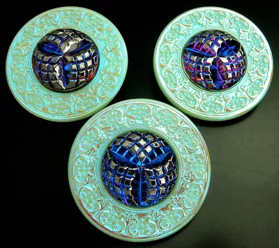 Buy 3 Vaseline Glass Buttons #B798 - AURORA BOREALIS IRIDESCENT - RARE-(34 Mm)-WOW!! • 14.90£