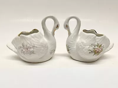Buy Pair Vintage Bone China Floral Swan Shape Trinket Posy Dish Vase • 9.99£