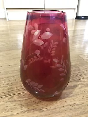 Buy Vintage Cranberry Etched Glass Vase 8.5” High • 7.50£
