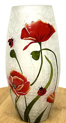 Buy Frosted Crackle Glass Vase. Poppies Ladybirds 9  High 4  Wide • 11.99£