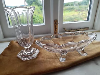 Buy Vintage Heavy Fluted Clear Glass  Pedestal Vase Matching Dish On Feet Mid C20 • 10£