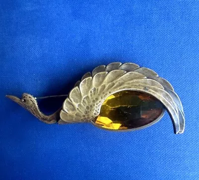 Buy Vintage 1940s Crane Bird Orange Glass Brass Pin Brooch • 44.73£