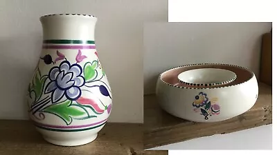 Buy 2. Pieces Of Poole Pottery Mid-Century Vase & Flower Ring Floral Pattern • 8£