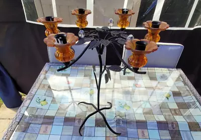 Buy Wrought Iron Candelabra Candle Holder Freestsanding 50cm Tall Amber Glass 6 Arm • 65£
