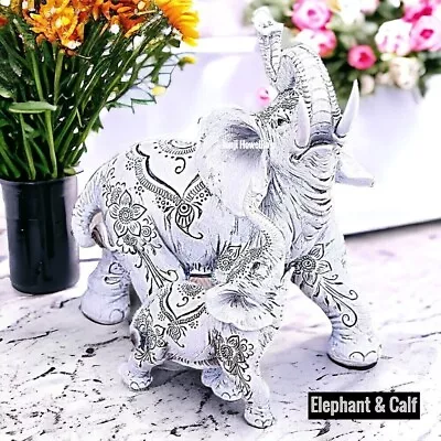 Buy Henna Happiness Elephant And Calf Figurine Jumbo Baby Ornament Sculpture Home • 17.96£