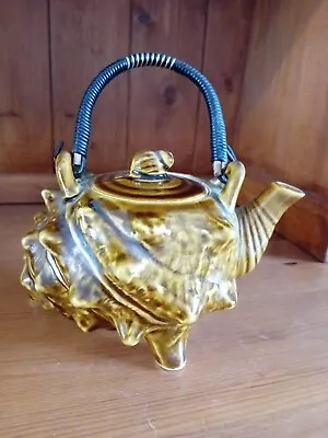 Buy Rare Brown Glaze Conch Shell Teapot Japanese Majolica Ware Rattan Handle  Vgc • 35£