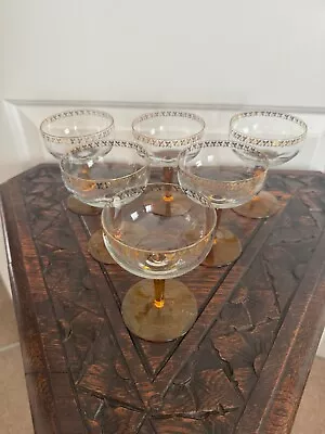 Buy Six Amber Stem Champagne/Cocktail Coupe Glasses With Gold Decorative Rim C1930s • 42£