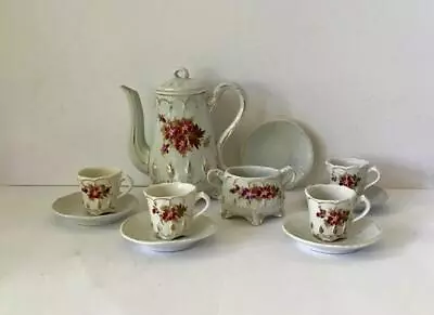 Buy Antique Child’s Toy China Tea Set- Teapot, Sugar, Cups / Saucers, Magenta Flower • 32.67£