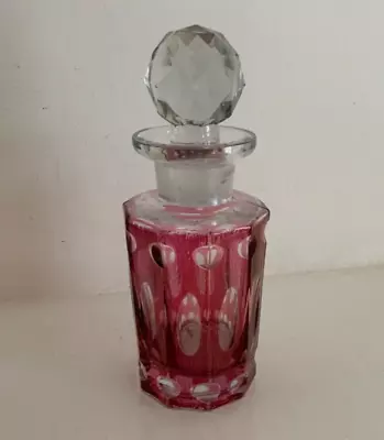 Buy Vintage Cranberry Cut To Clear Glass Square Perfume Bottle W Faceted Stopper 5  • 18£