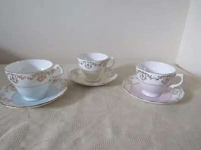 Buy Royal Vale Bone China Blue Pink Yellow Gold  Harlequin Set Of 3 Cups & Saucers • 11.99£