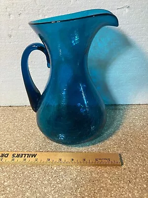 Buy Vintage Mid Century Blenko Blue Crackle Glass Water Pitcher Vase 10.75  Tall • 92.43£