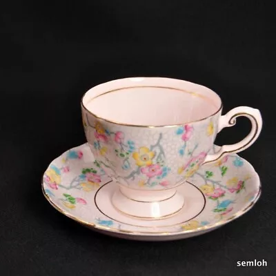 Buy Plant Tuscan Footed Cup & Saucer Enamel Flowers Webbing Pale Pink Gold 1947-1960 • 36.33£