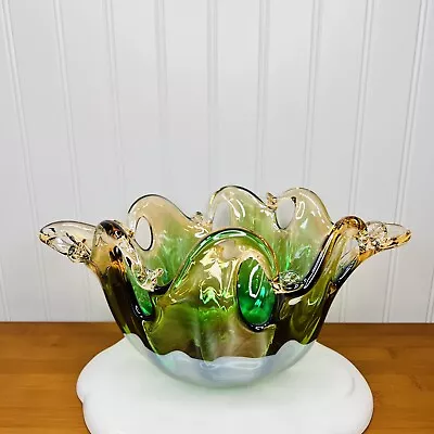 Buy RARE Murano Green & Honey Amber 12” Art Glass Wave Bowl Center Piece BEAUTIFUL • 279.56£