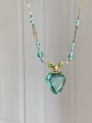 Buy Antique Art Deco Cut Glass Bead Crystal Czech Emerald Green Necklace • 45£