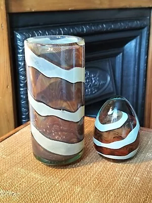 Buy 2 Signed Pieces- Mdina Vintage Art Glass-earth Tones Vase & Paperweight, Perfect • 17.99£